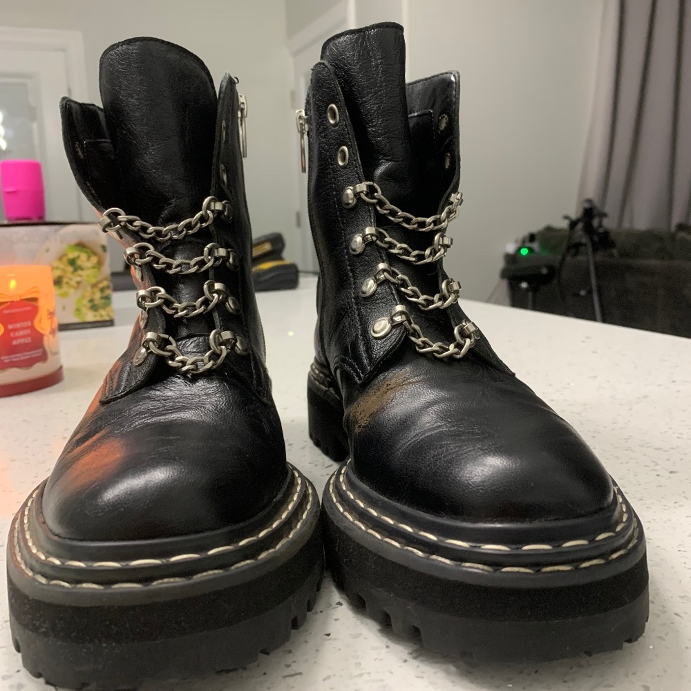 Chain Link Black Leather Combat Boot